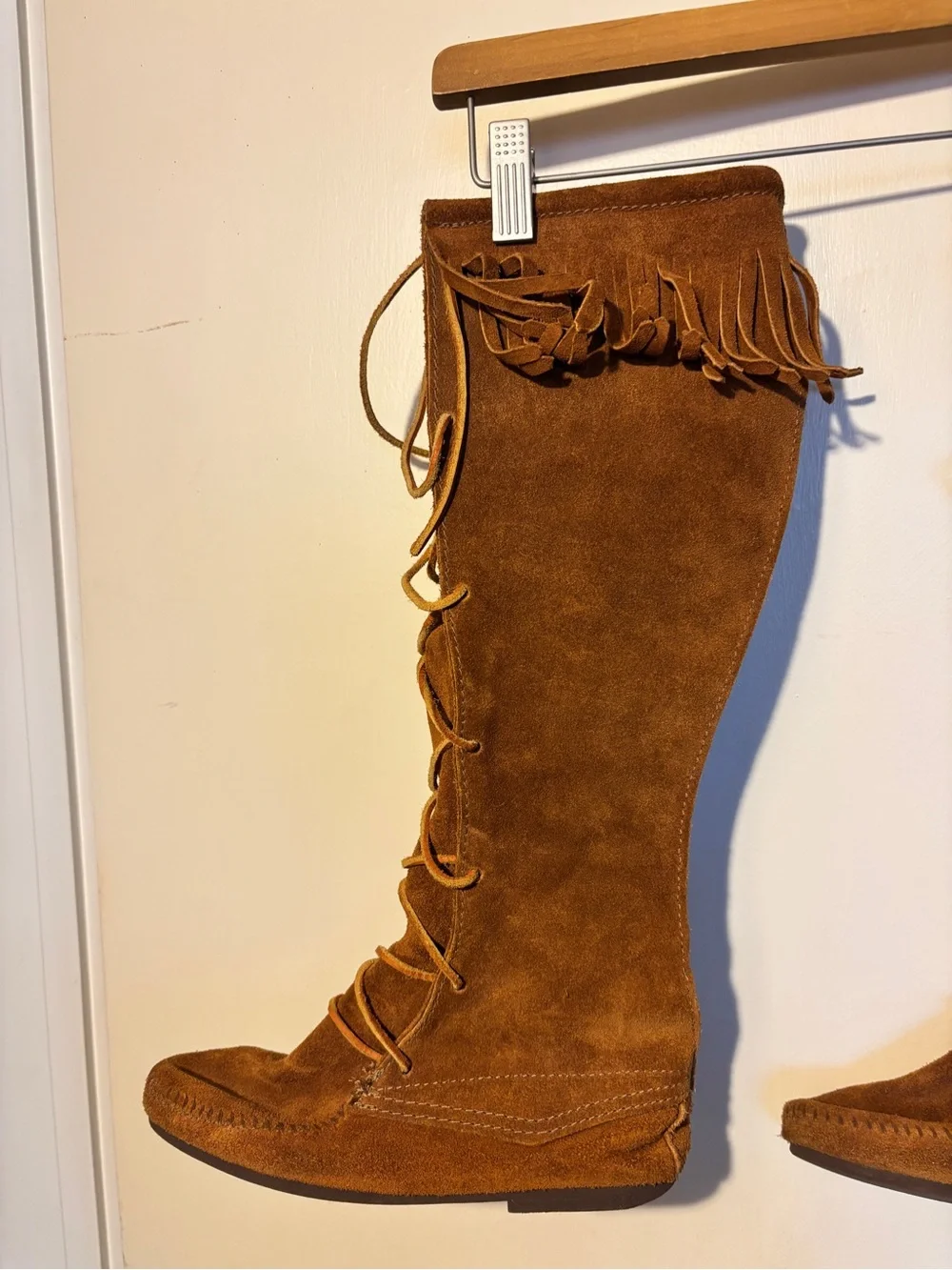 Minnetonka Chestnut Suede Fringe Lace-Up Over-The-Knee Boots